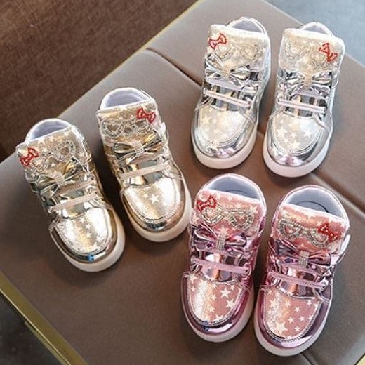 BJS888 - GOLD/PINK - Sepatu Sneakers Anak Cantik SEPATU PESTA SNEAKERS BLINK TALI MOTIF STAR BINTANG FASHION IMPORT TERMURAH TERLARIS TERBARU BAGSTORE JAKARTA JSK888