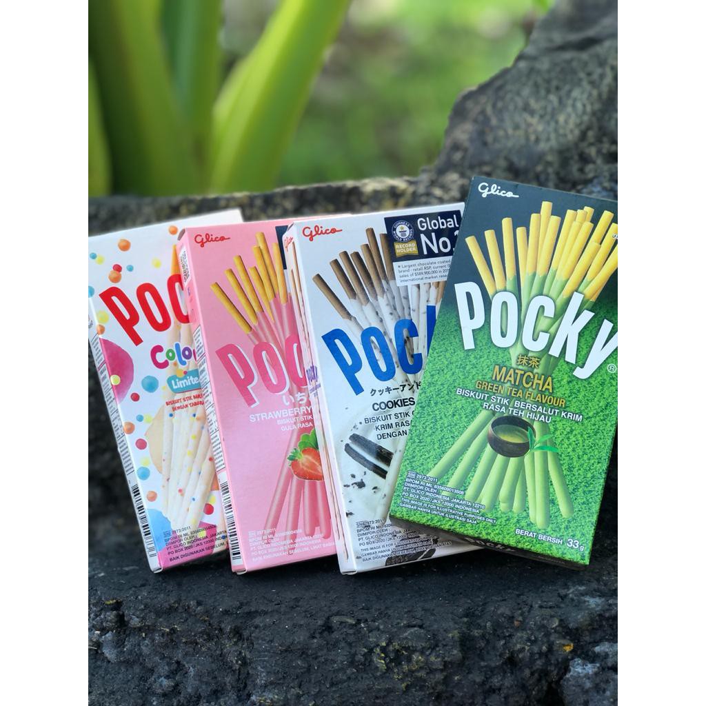 

Pocky Regular chocolate/double choco/cookies & cream/choco banana/strawberry/matcha/colourful