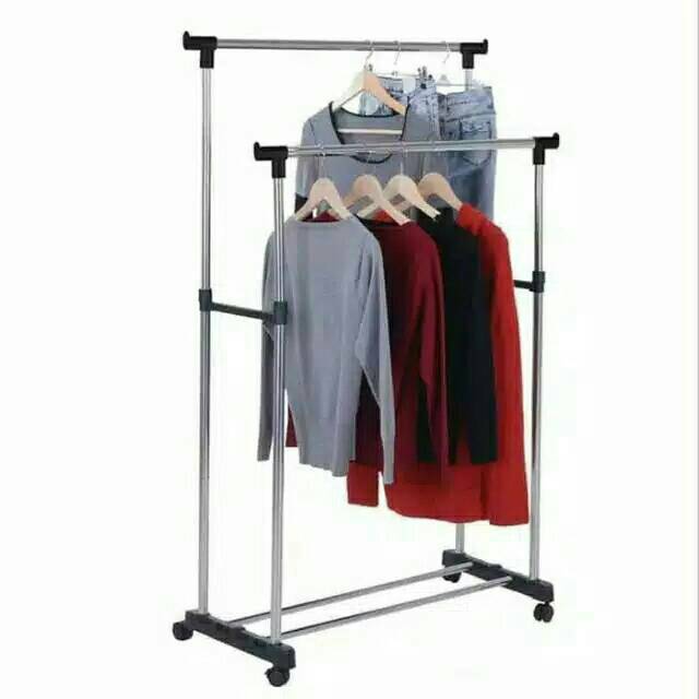 {2500gr} DOUBLE Rod / POLE alat jemuran baju handuk dobel praktis portable bongkar pasang roda