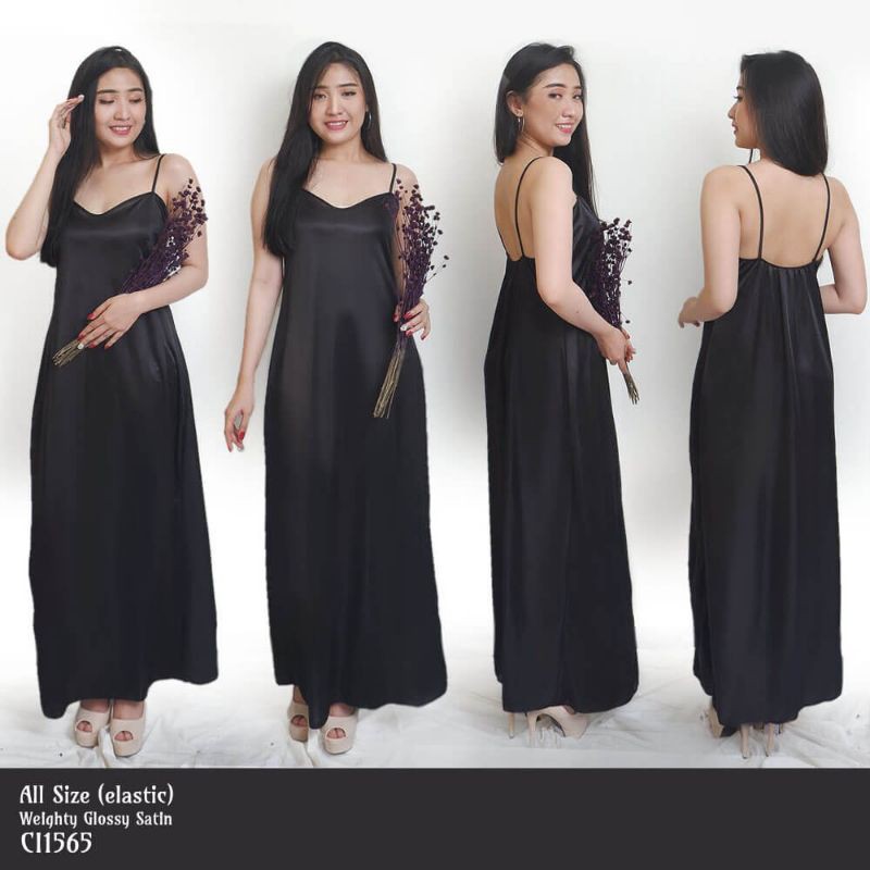Daster wanita sexy baju tidur satin panjang hitam allsize 1565BDR