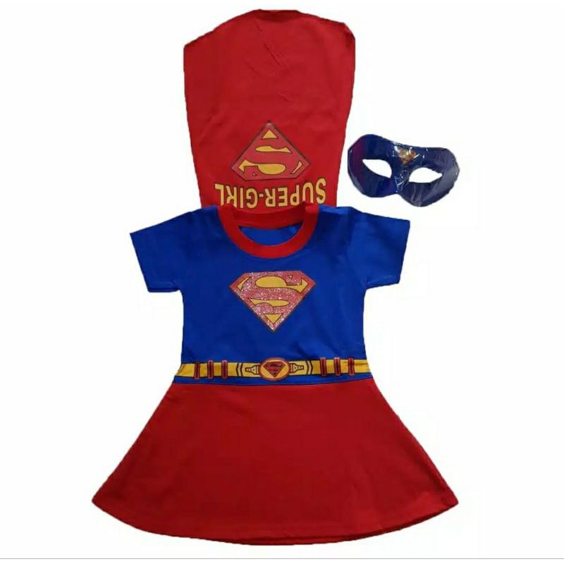 Baju Dress Kostum Anak Perempuan Topeng Sayap Superhero Supergirl