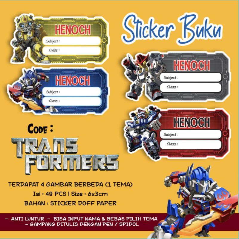 Jual Sticker Stiker Buku Custom Nama Karakter Tema Transformers