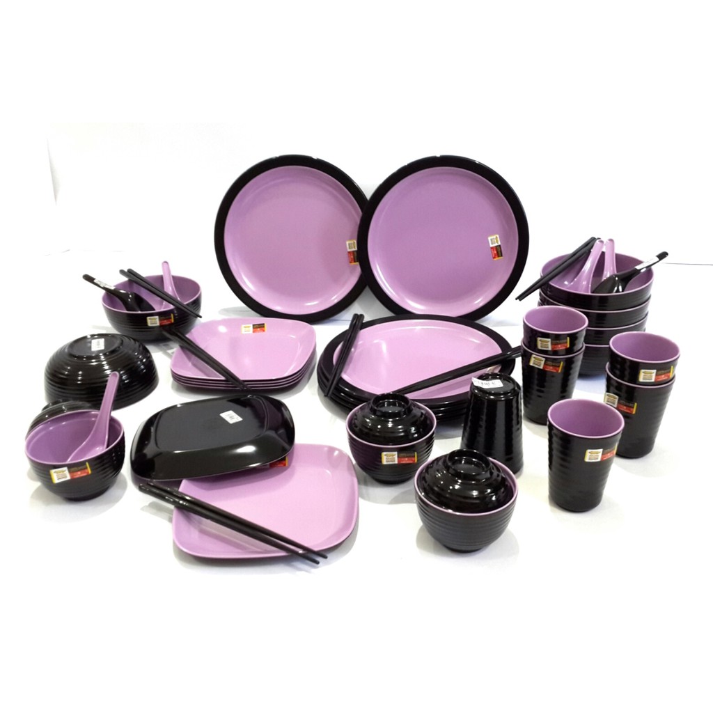 PIRING MELAMIN SET Paket Super Wow 1 Set UNGU HITAM isi 42 pcs  MELAMIN PIRING SET GOLDEN DRAGON