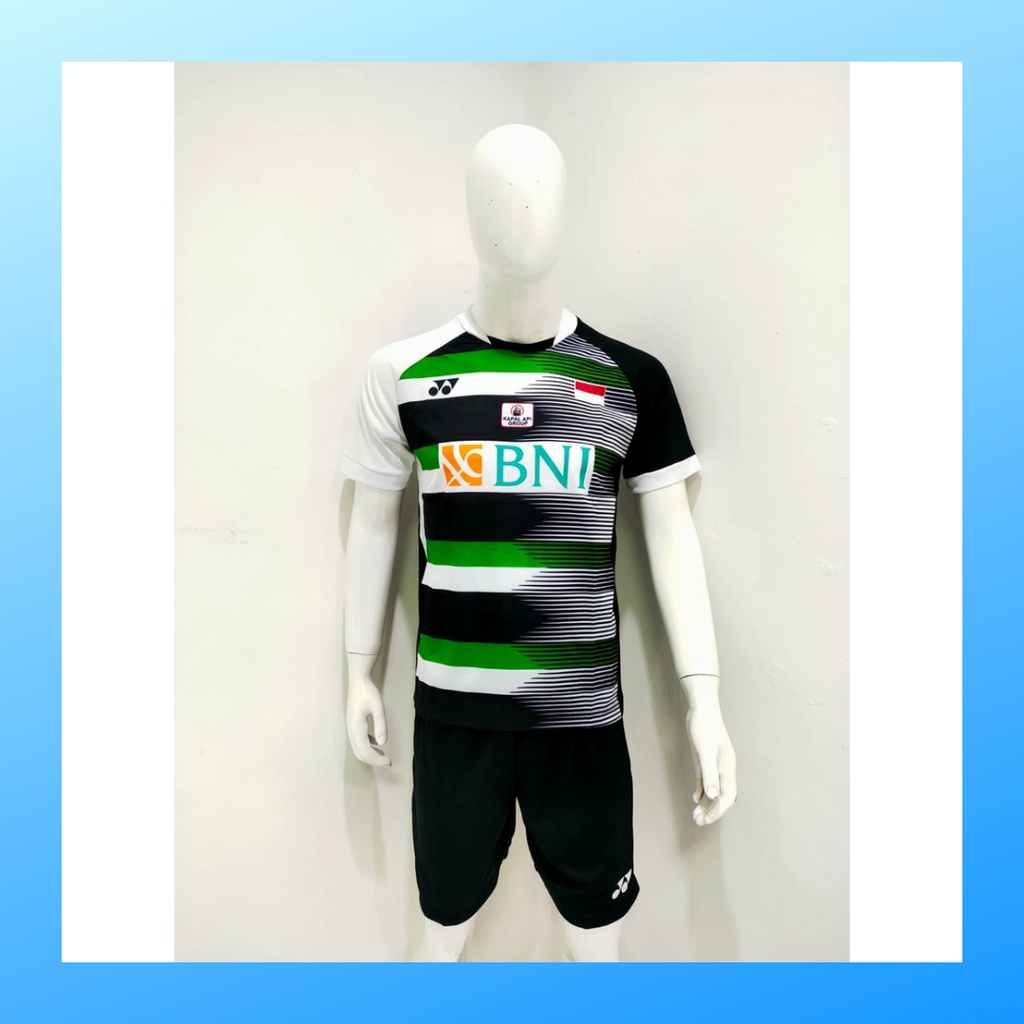 Kaos badminton pria jersey bulutangkis baju dan celana setelan wanita dewasa t-shirt outfit seragam jarsey kostum olahraga pakaian apparel sport jersy bulu tangkis casual jersi sudirman cup suit Y167 hitam sponsor