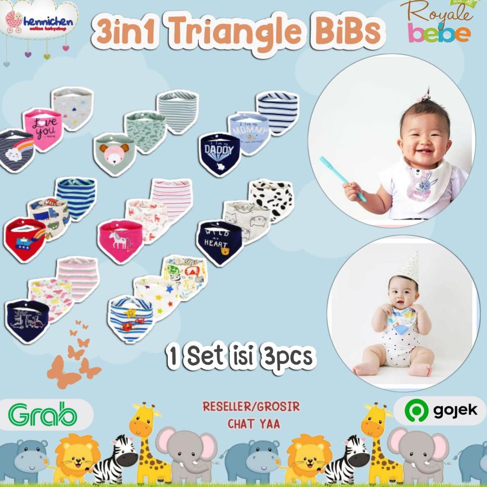 [KODE PRODUK AMREI8896] Royale Bebe 3 in 1 Bib segitiga 3 Pcs bib bayi slabber bayi celemek bayi isi