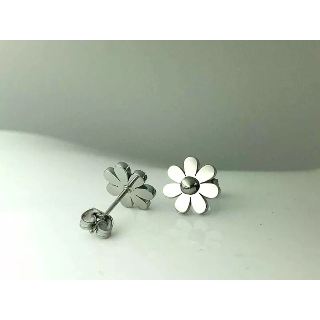 Anting Tusuk Titanium Aksen Bunga  Warna Steel Rose Gold, Gold dan Silver