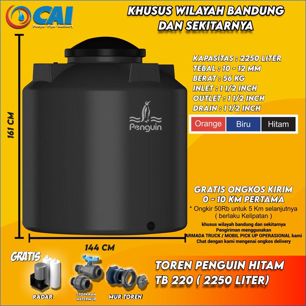 TOREN TANGKI AIR - PENGUIN - TB220 - 2250 LITER -   HITAM