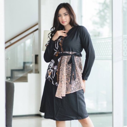 Tunik Batik Lengan Panjang Wanita Katun TOyobo Motif Etnik Brokat Hitam