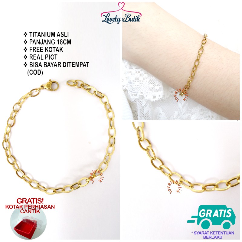 Lovelybutik Gelang Titanium Asli  Anti Luntur  Sans4 Gelang Titanium Wanita Uk.18 BONUS KOTAK