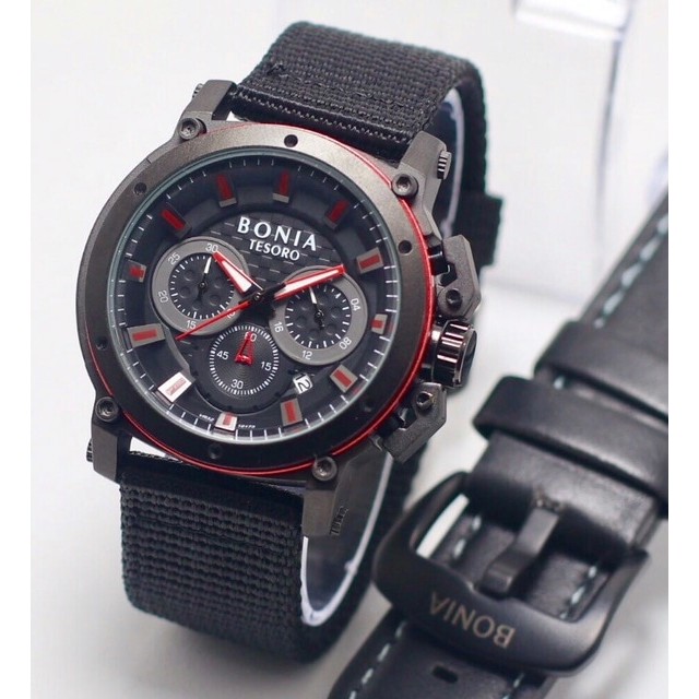 Jam Tangan Pria / Cowok Murah Bonia Chrono Kanvas Black Red