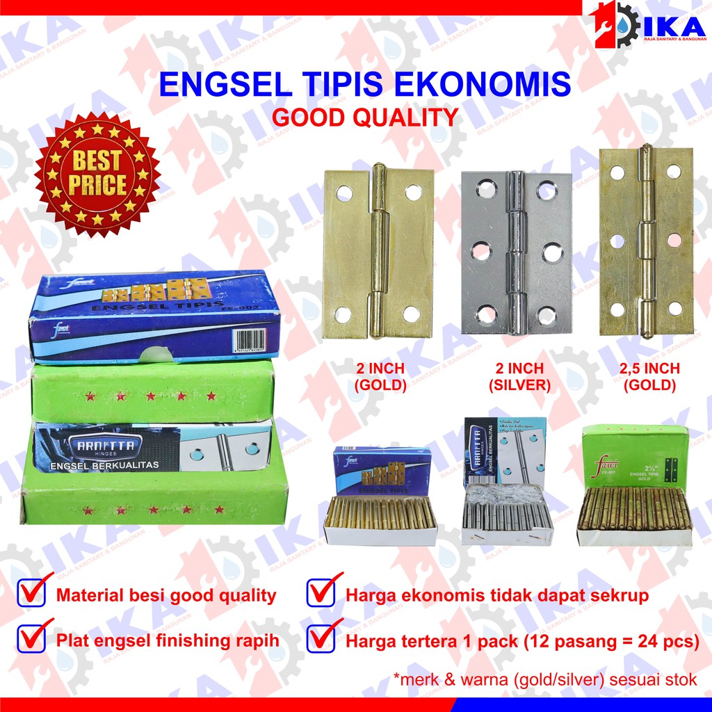 Engsel Kuning Silver Tipis 2&quot; 2,5&quot; inch Engsel laci lemari jendela Harga 1 kotak 12 pasang Termurah