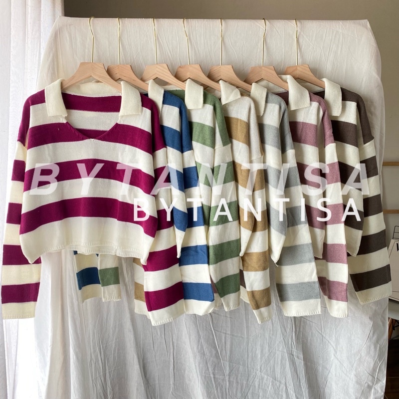 SWEATER FUJI /BAJU RAJUT FUJI /SWEATER CROP FUJI/FUJI/CROP RAJUT ALDA STRIP READY GARIS OVERSIZE BLOUSE RAJUT MOTIF GARIS