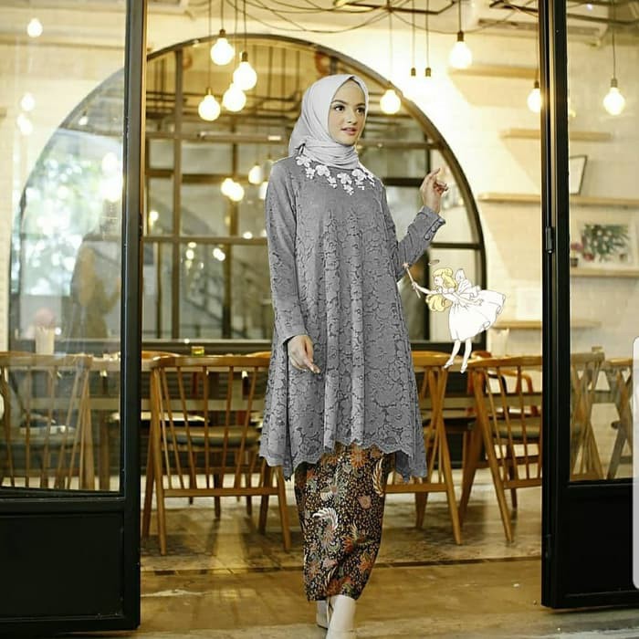 Terbaru Alg- Set Kby Wilujeng Abu Kebaya Bahan Full Brokat Tulang Gliter |