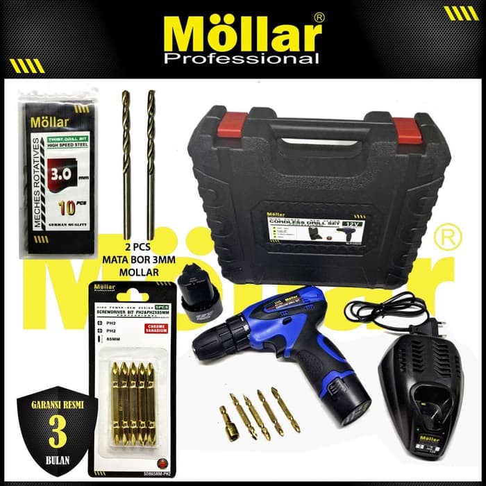 [PAKET] MOLLAR CDD35 Bor Cordless & 2 Pcs Mata Bor & 5 Pcs Mata Obeng Original