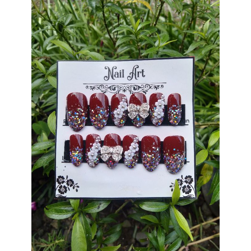 Kuku palsu wedding merah maroon / Kuku palsu merah maroon