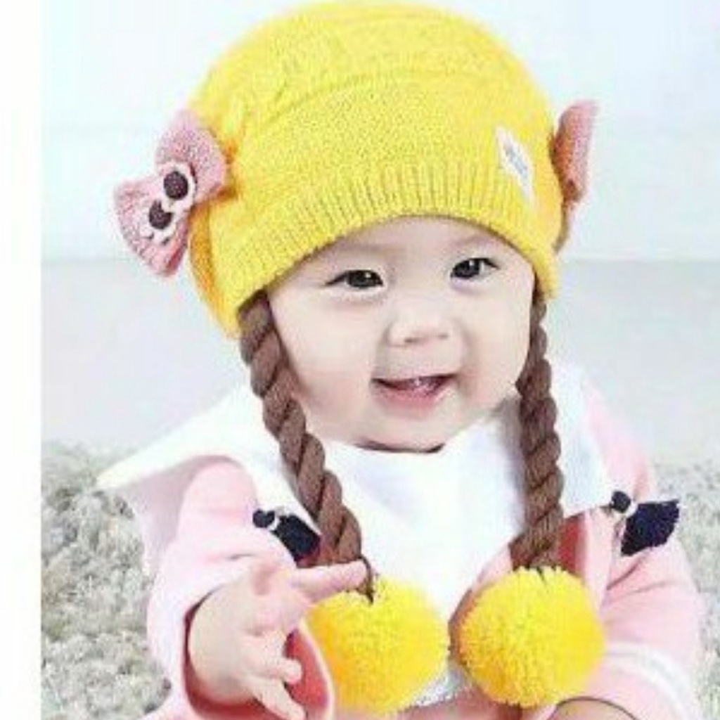 Kupluk Pompom Polos Bayi Model Kepang Imut Cute Usia 1 Bulan - 3 Tahun Bahan Rajut