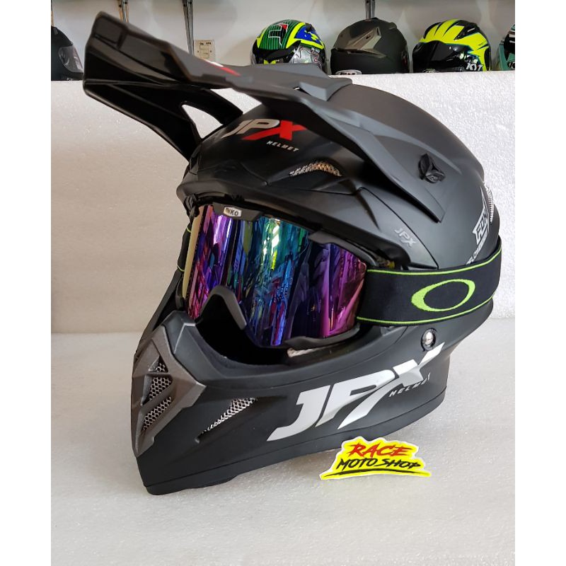 HELM CROSS JPX HITAM JPX HITAM DOFF +KACAMATA INKO HITAM KACA PELANGI
