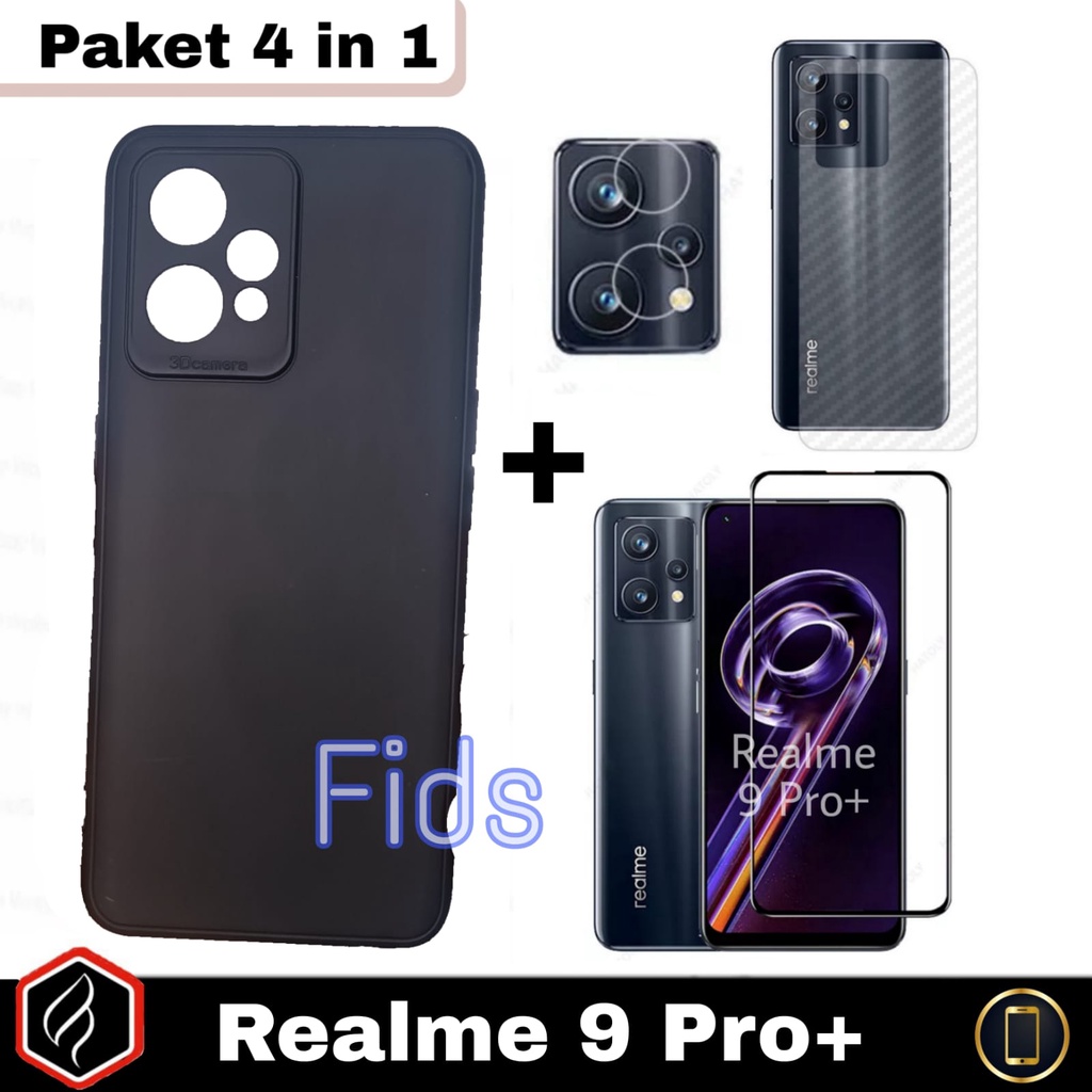 Paket 4 in 1 Case Realme 9 Pro Plus Softcase Black Matte + Anti Gores Layar + Camera Glass Free Garskin Carbon | Casing Premium Slim Exellent Cover | Soft Matte | Soft Case Macaron