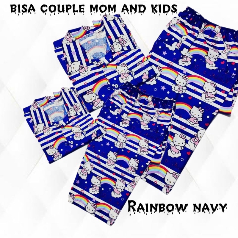 Rainbow navy - bajutidur piyama bisa couple mom and kids katun hk pelangi celana panjang lengan pendek