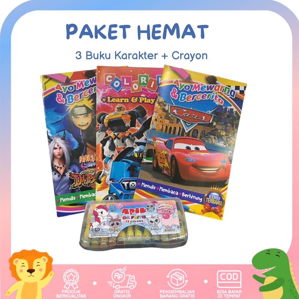 

Paket Buku Mewarna Karakter Anak Cewek Cowok & Crayon Warna