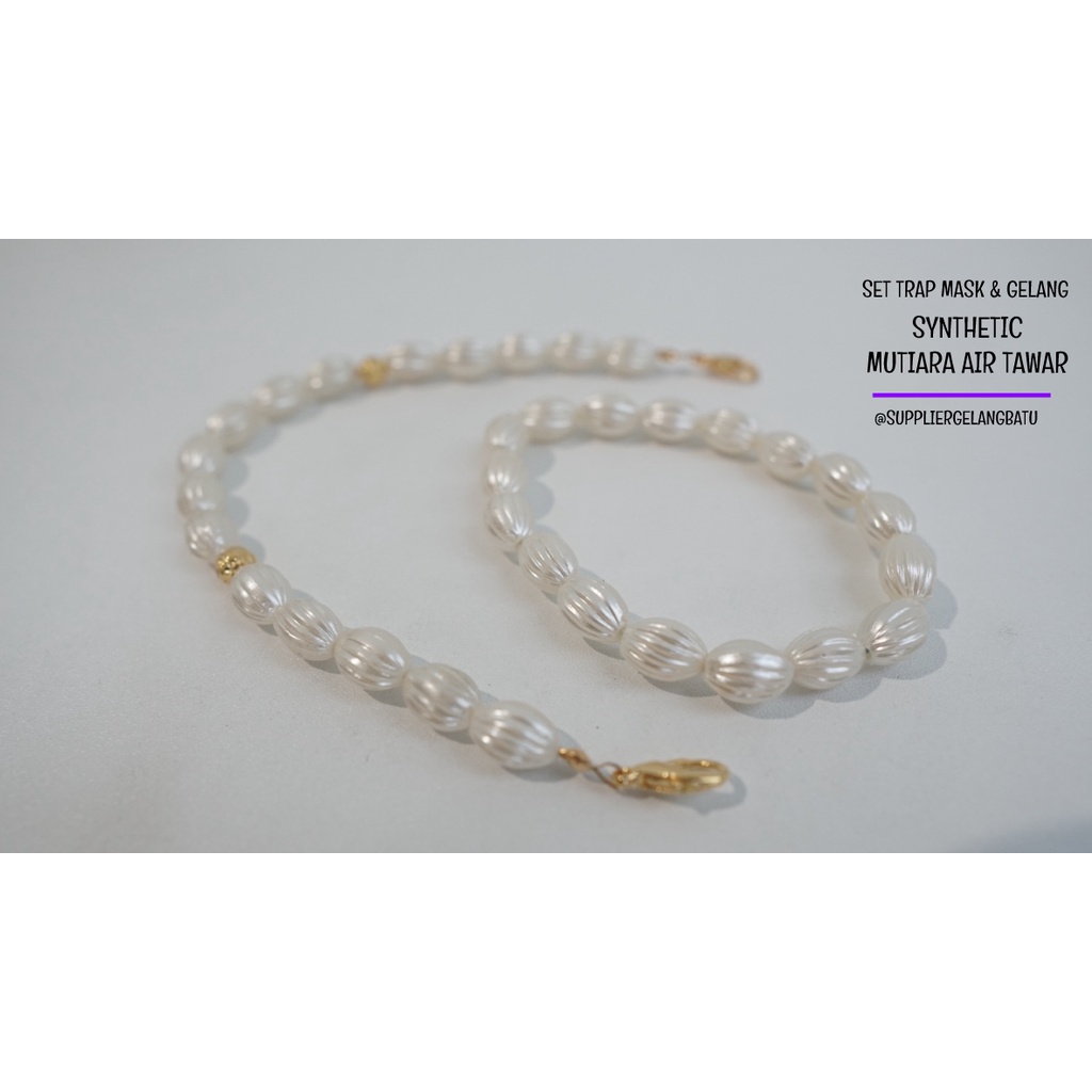 1 set STRAP MASK dan GELANG Mutiara Sintetis OVAL ULIR 10MM WHITE mote