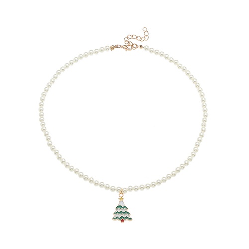 LRC Kalung Fashion Alloy Dripping Snowflake Bell Christmas Tree Pearl Beaded Necklace Q26065