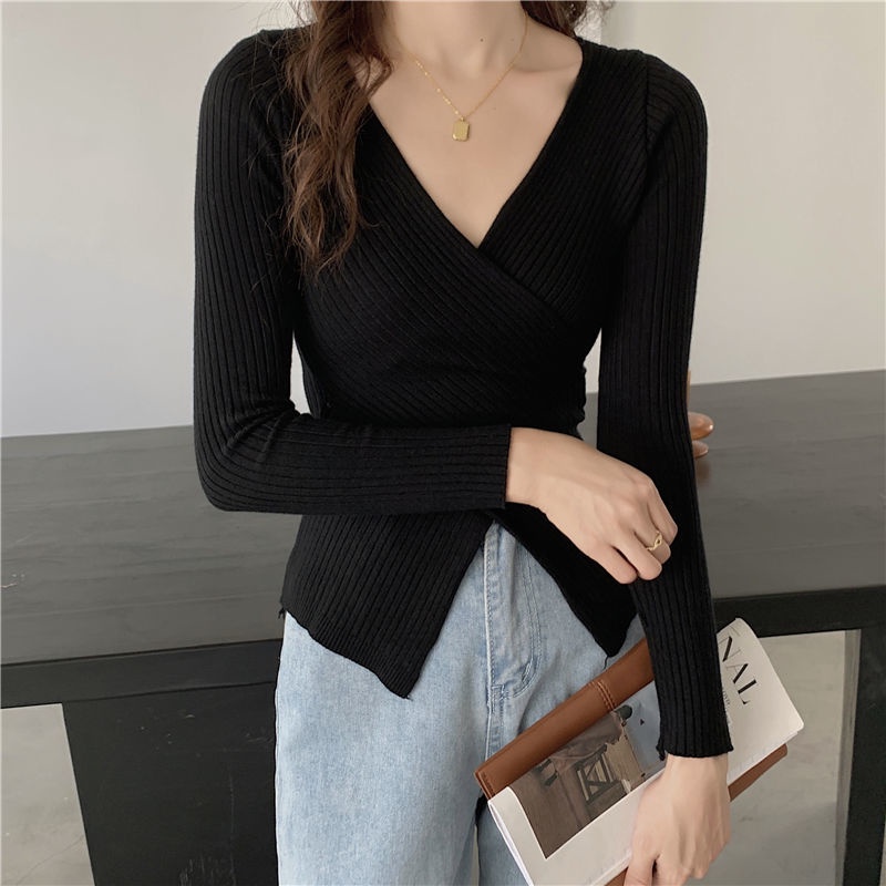 Knitwear Wrap Kaos Rajut Wanita Lengan Panjang Atasan Import Rajut Crop