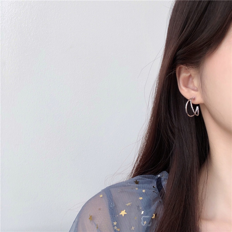 Anting Silver Needle Double Layer Bentuk Lingkaran Gaya Retro Korea Untuk Wanita