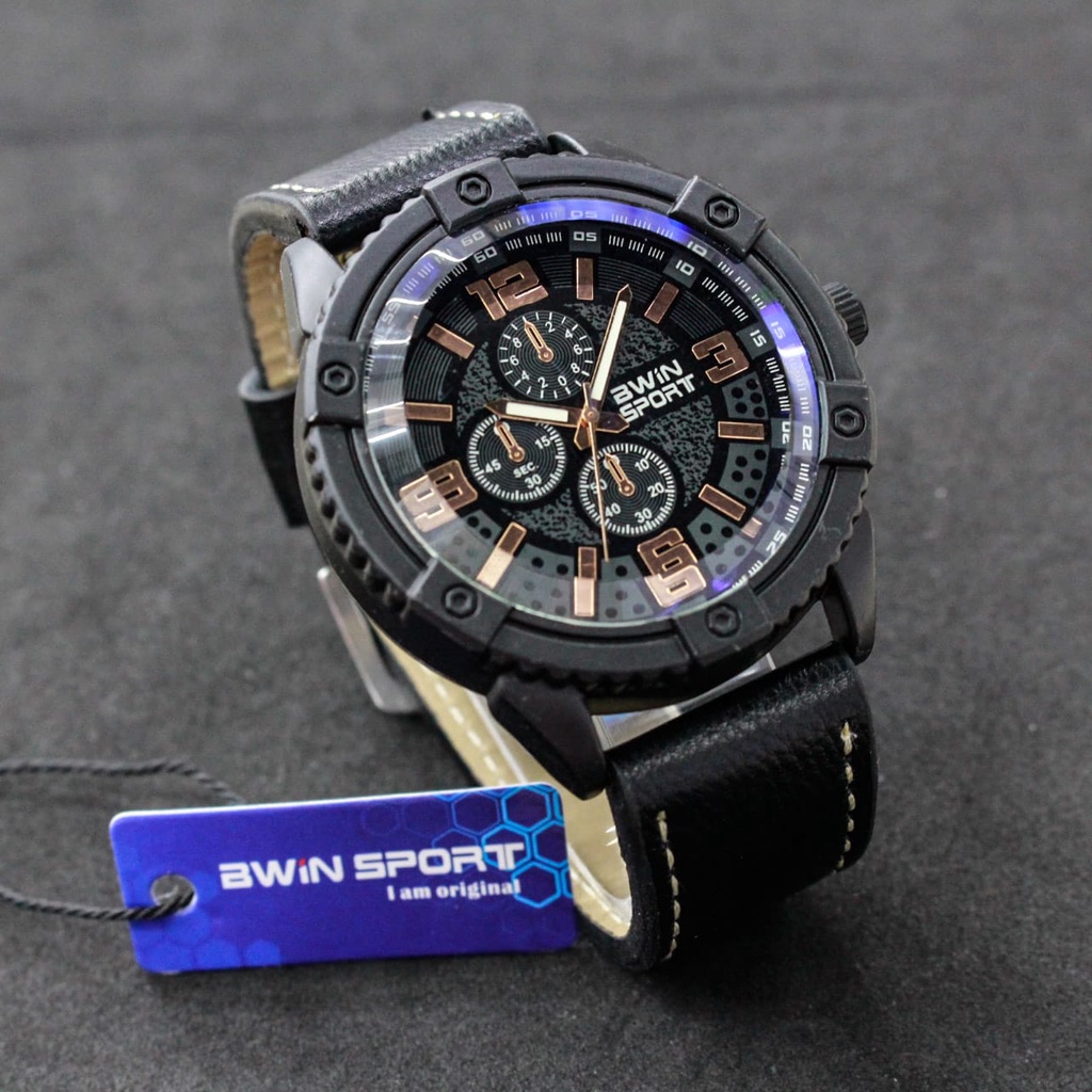 JAM TANGAN PRIA KULIT BWIN SPORT ORIGINAL/ TYPE B505 D = 47mm/ JAM TANGAN KULIT TEBAL/KACA TEBAL/ JAM TANGAN BWIN ANALOG TIME/JAM TANGAN BW505