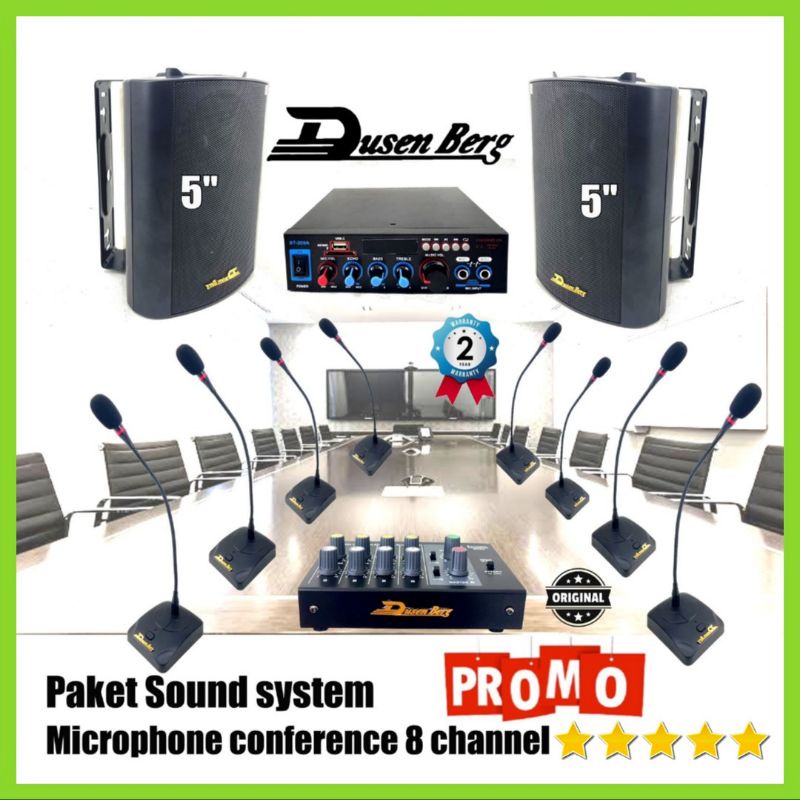 Paket Conference DUSENBERG Mic Meja Kabel 8 Channel Amplifier Bluetooth , Speaker Gantung