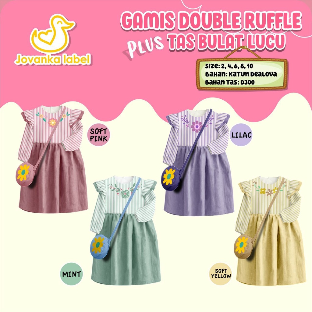Gamis Double Ruffle + Tas Bulat Lucu JOVANKA Label Size 2/4/6/8/10 Tahun|Gamis Anak Perempuan Best S