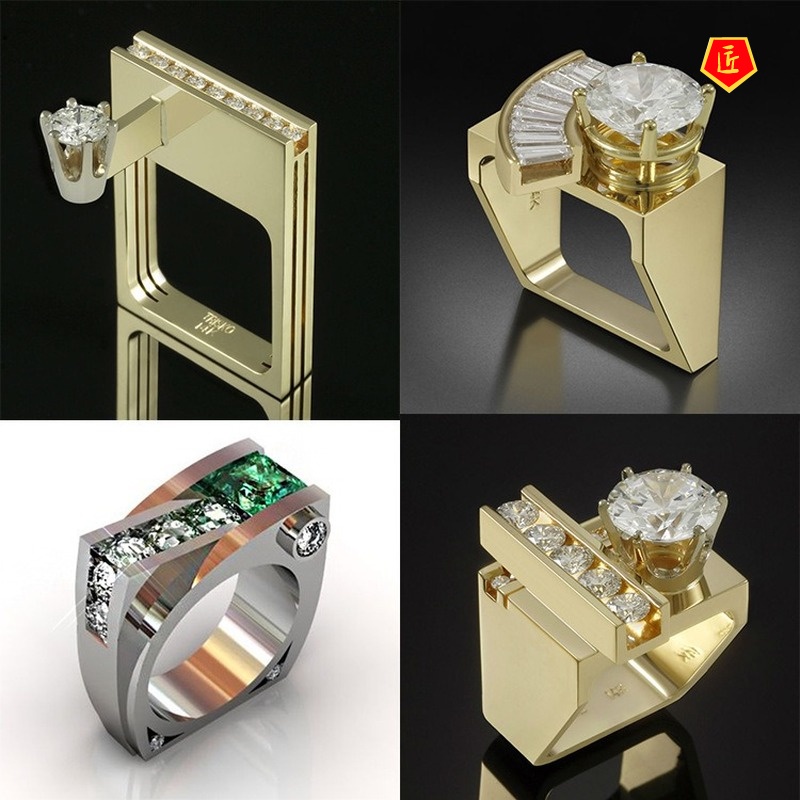 [Ready Stock]Creative Gold Inlaid Colored Gems Geometric Shape Ring for Women