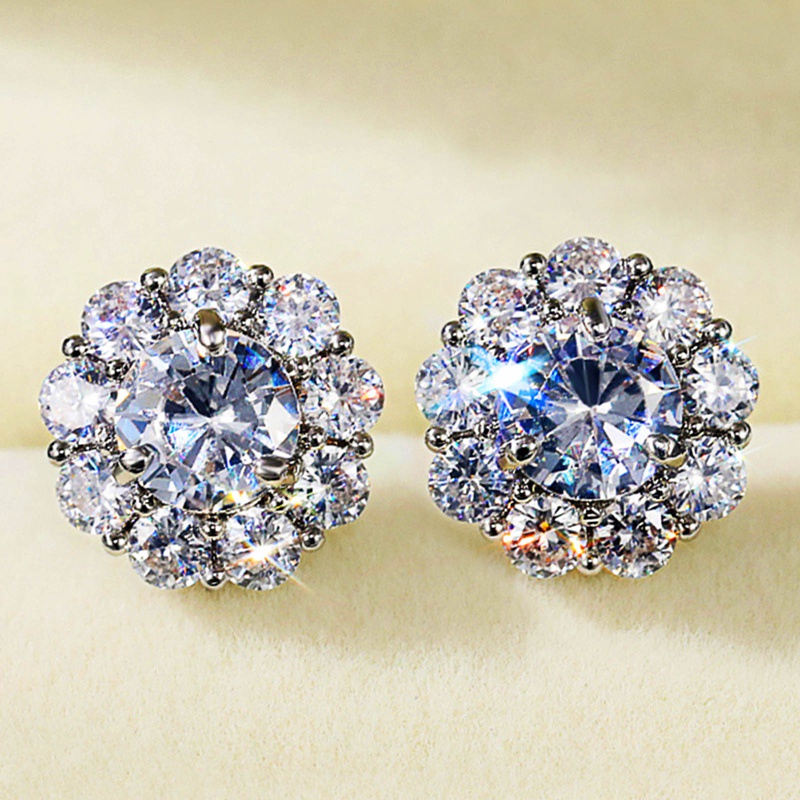 Romantic Flower Shape Women's Stud Earring Dazzling Round Zirconia Crystal Versatile Accessories Female Statement Jewelry|Stud Earrings