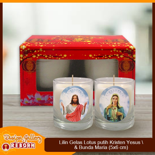 Lilin Ibadah Doa Rohani Gelas Yesus Maria Putih Lotus (5x6 cm)