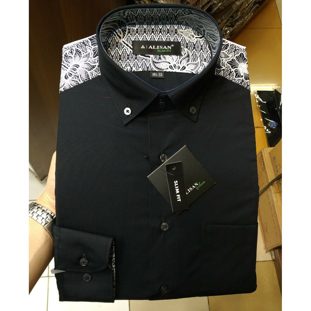 Unik Kemeja Pria Alisan Slimfit Panjang Hitam KomBinasi Pundak Batik Cool Murah