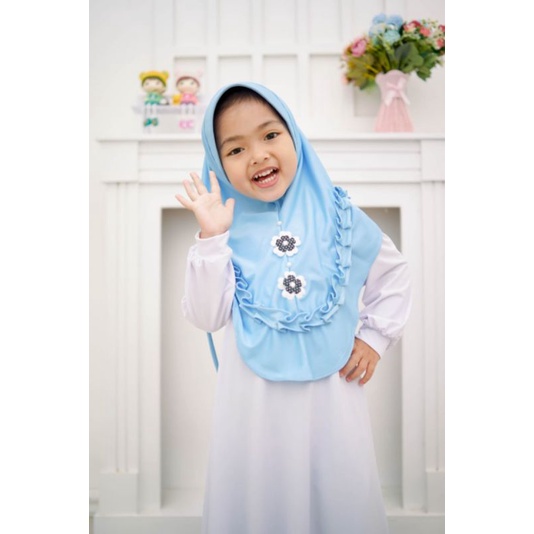 hijab anak bergo rempel bunga putih/hijab instan anak real pict//hijab anak lucu//hijab anak paud//h