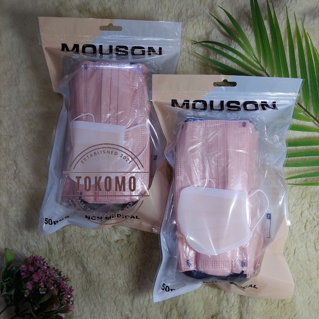 Masker earloop Mouson warna Peach isi 50pcs