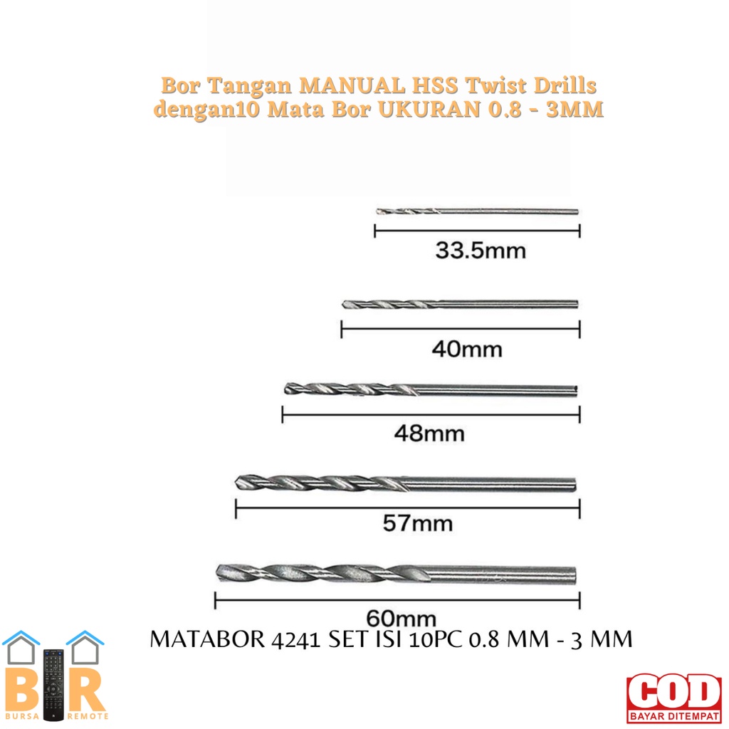 Bor Tangan MANUAL HSS Twist Drills dengan10 Mata Bor UKURAN 0.8 - 3mm