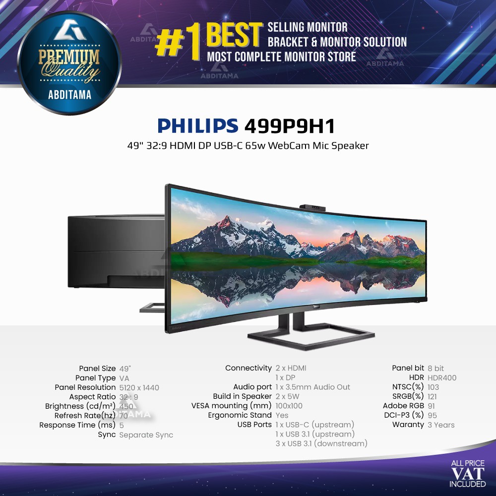 Monitor LED Philips 499P9H1 49" 32:9 HDMI DP USB-C 65w WebCam Mic Speaker