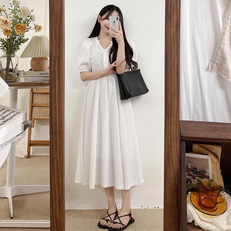 Heyjin Dress Korean Style Pakaian Wanita Midi Dress Linen Angel Premium