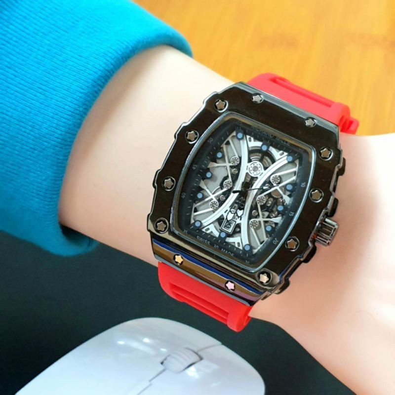 Jam Tangan Pria Rm Richard Terbaru Tali Karet Warna Pilihan - Jam Tangan RM Richard Mile - Merah