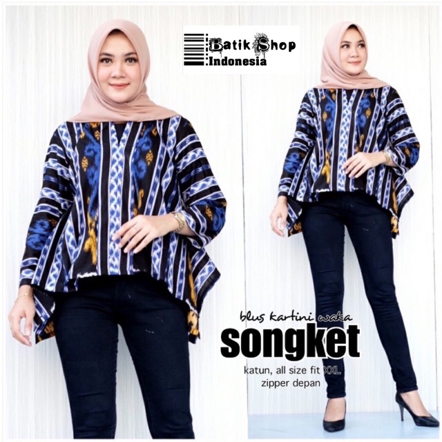 Blus Kartini Songket Batik Modern Tenun Atasan Kebaya Kondangan Blouse Kerja Kantoran Muslim Waka Sayap Baju Tenun Troso Motif Print