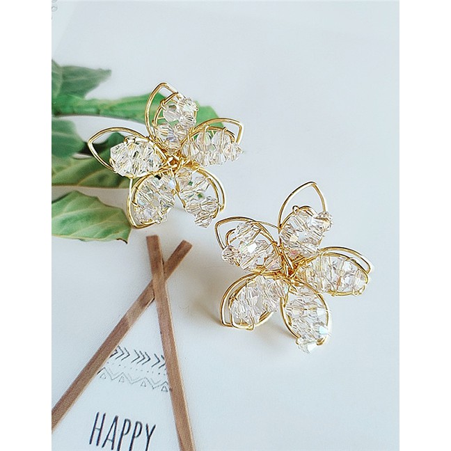 LRC Anting tusuk Fashion White Crystal Flower Pierced Earrings D80607