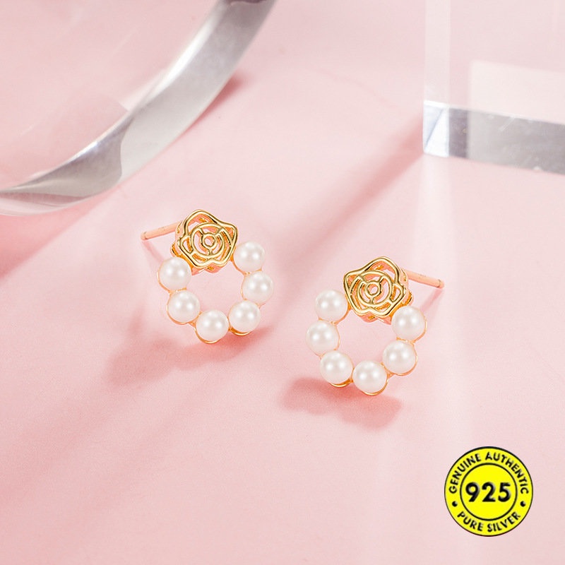 Anting Tusuk Sterling Silver 925 Model Bunga Mawar Dengan Mutiara Untuk Wanita U929