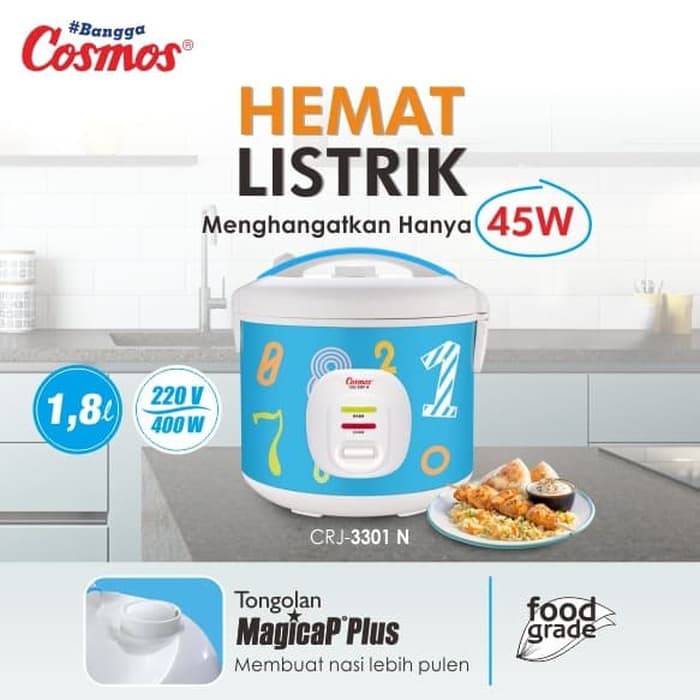 Cosmos CRJ3301N Rice Cooker / Magic Com 1.8 Liter 3 in 1 Bonus Gelas Ukur dan Sendok Nasi