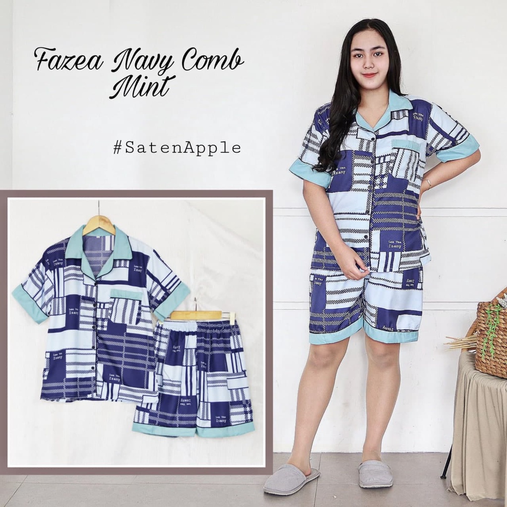 IZANY Piyama Dewasa Hotpant Combina Allsize / HP  Combina Saten Apple LD 100-FAZEA NAVY C MINT