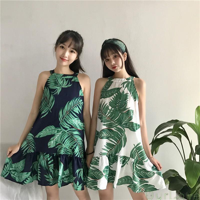 [OurLove]Dress Model Longgar Tanpa Lengan Print Daun Gaya Korea Ada 3 Warna untuk Wanita