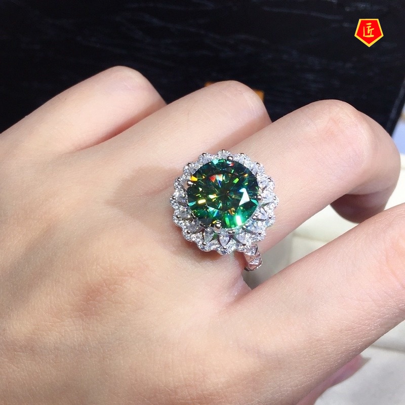 [Ready Stock]Inlaid Green Moissanite Ring Shiny Luxury