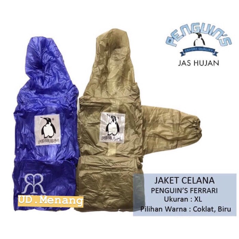 Jas Hujan Setelan Penguins Ferrari Raincoat Bahan Karet PVC TEBAL Jaket Celana Size L &amp; XL Termurah