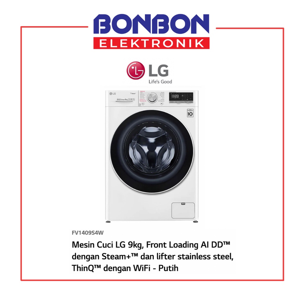 LG Mesin Cuci Front Loading 9KG FV1409S4W Inverter Smart ThinQ Wifi